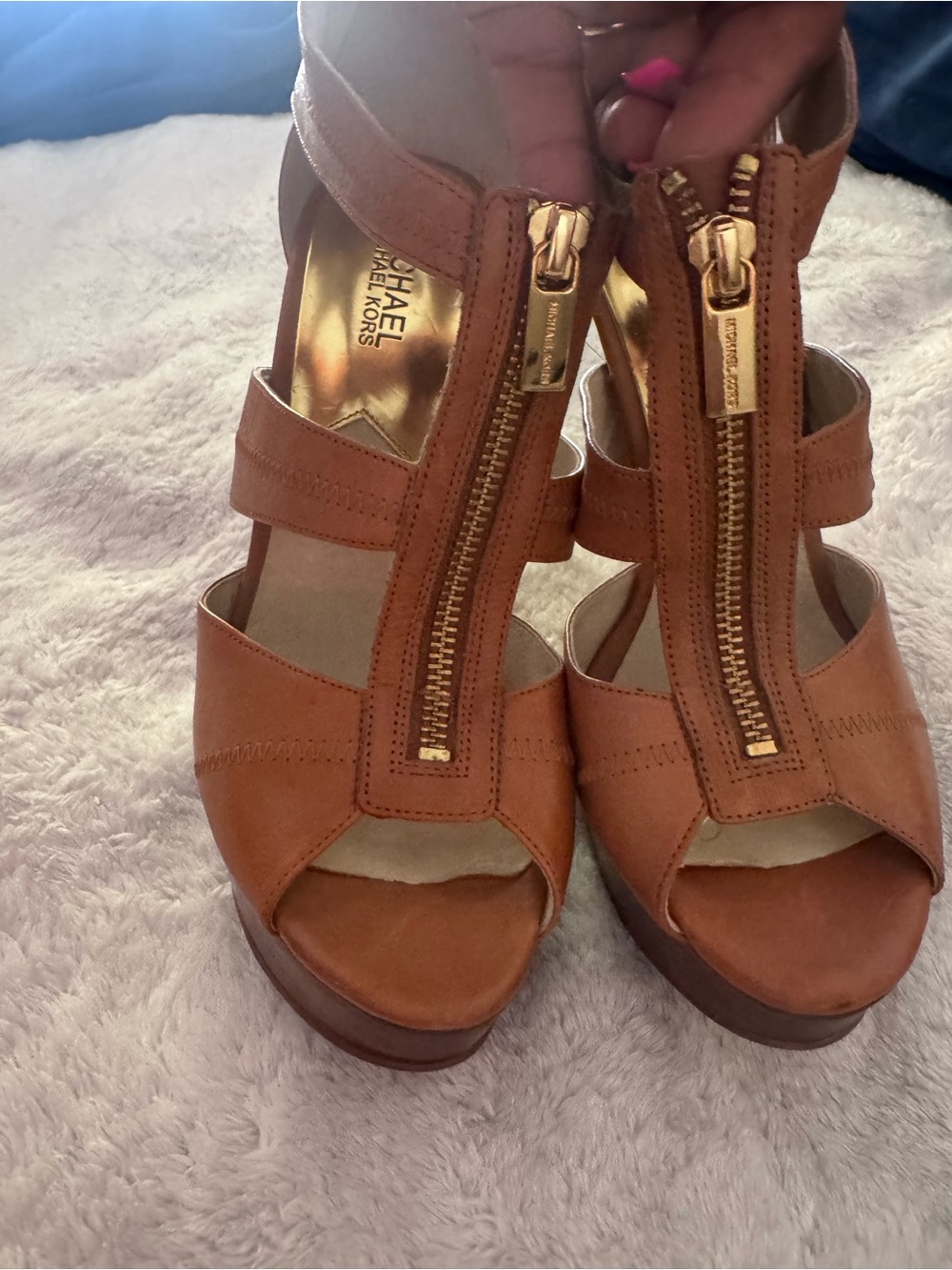 Michael Kors Brown Leather Platform Sandals with Front Gold Zipper